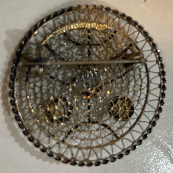 925 and Turquoise Vintage Menorah Filigree Pin Brooch - Picture 5 of 9